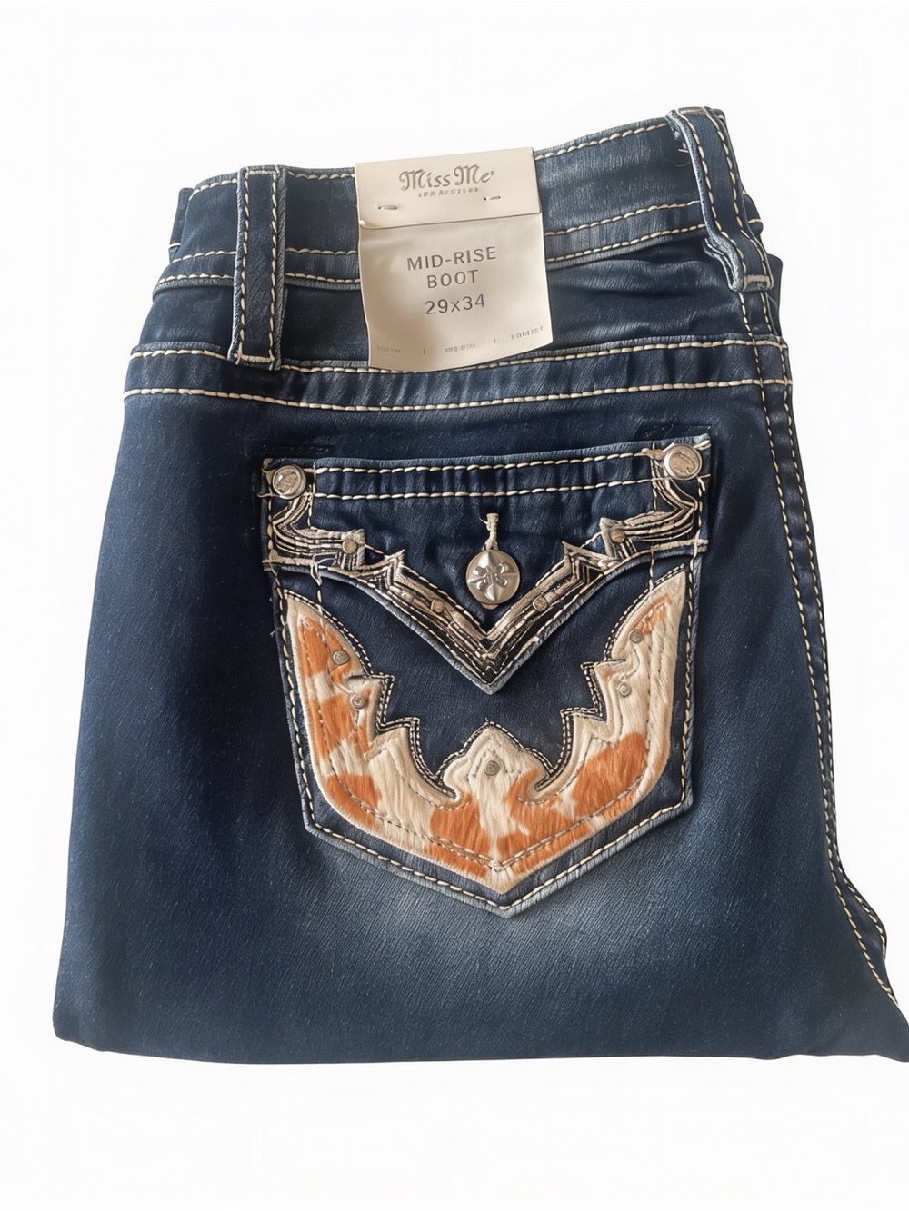29x34 Miss Me bootcut dark wash mid-rise jeans w/ cowhide pocket embroidery new!